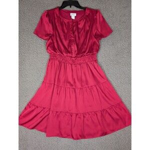 Nicole Miller Satin Short Sleeve Dress Tiered Bunched Waist Dark Red Size Medium